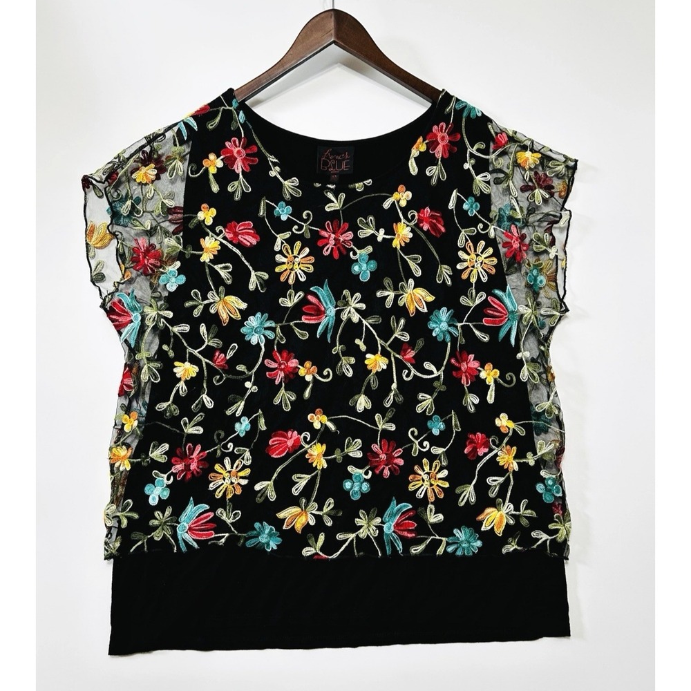 French Blue Womens Embroidered Top‎ Size 2X Black Mesh Layered Romantic Whimsy